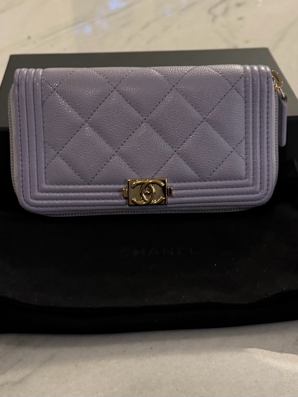 CHANEL Quilted Boy Wallet in Soft Lavender with Gold Hardware - Caviar